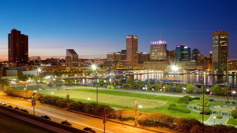 Baltimore Inner Harbor skyline at dusk, Central Maryland