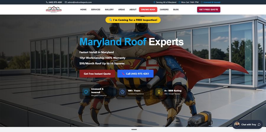 MD Roof Experts website homepage built by STR8LINE Marketing