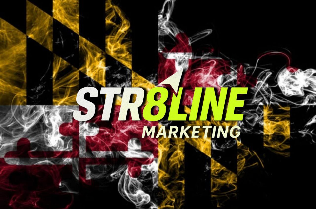 STR8LINE Marketing logo over a Maryland flag smoke design